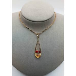 Pressed Flower Gold Flake Pendant Necklace 18K GP Brass